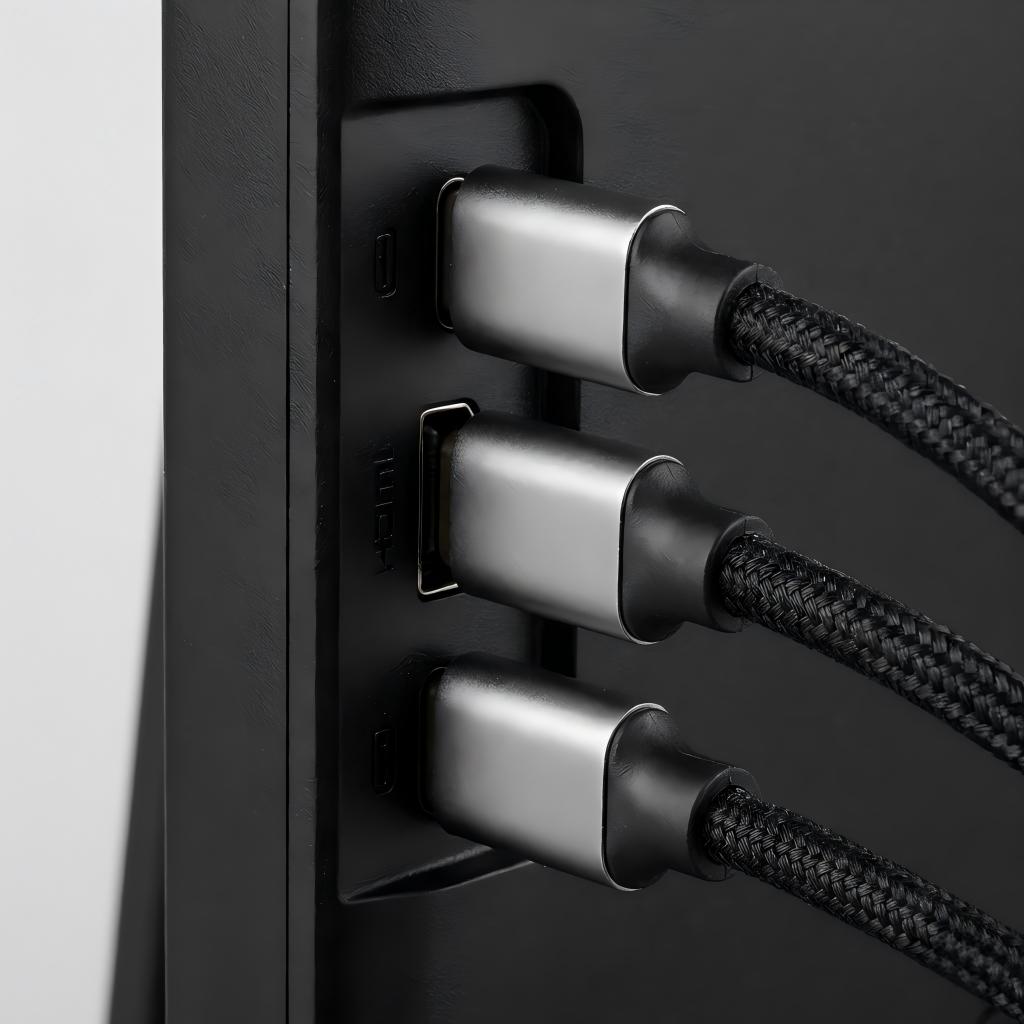 Close-up of the MagHub Dual Lite 16-inch portable dual screen for remote work, showing connected cables and multi-port inputs for laptop screen extension setup.