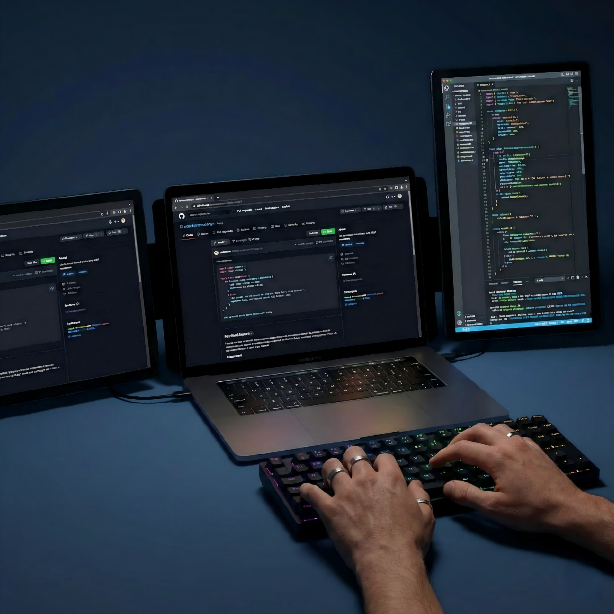MagHub Dual Lite 16-inch portable dual screen for remote work connected to a laptop, giving developers a triple-screen coding setup for programming, GitHub, and multitasking.