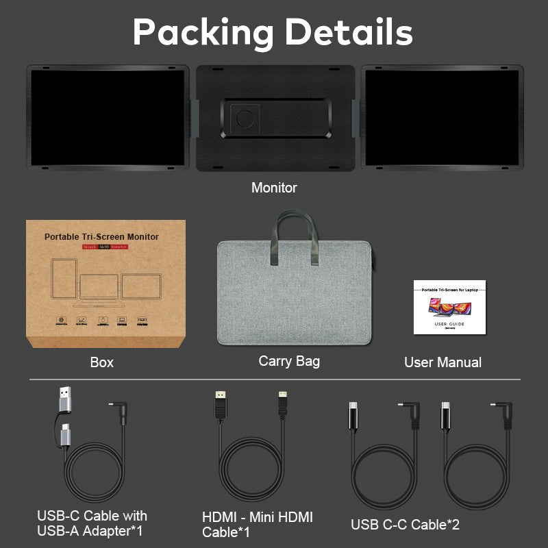 Packing details for the MagHub Dual Lite 16-inch portable dual screen for remote work, showing the screen extender, carry bag, box, user manual, USB-C cables, HDMI cable, and adapter.