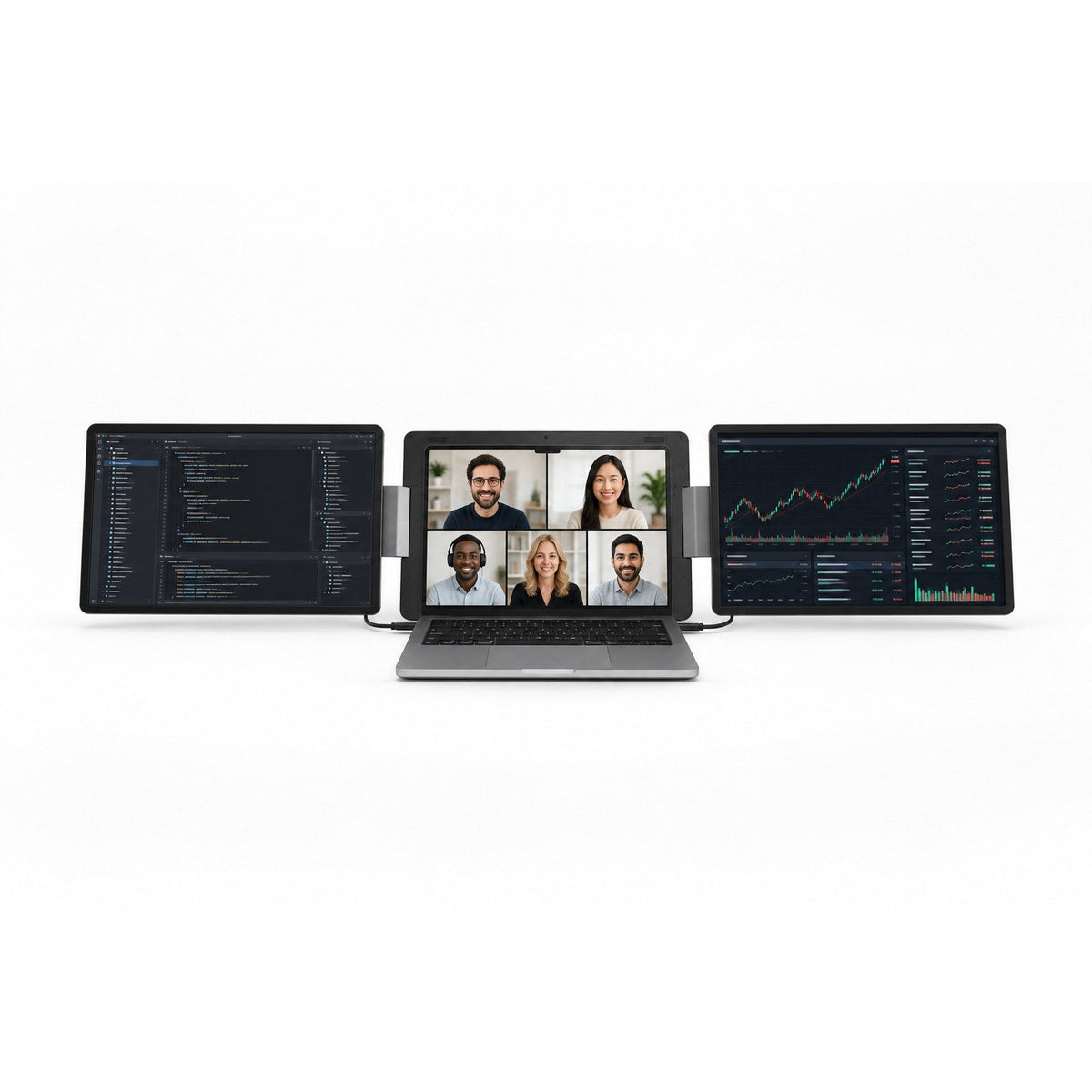 MagHub Dual Lite 16 in a dual-landscape layout, with code on the left display, a video meeting on the laptop and trading charts on the right display.