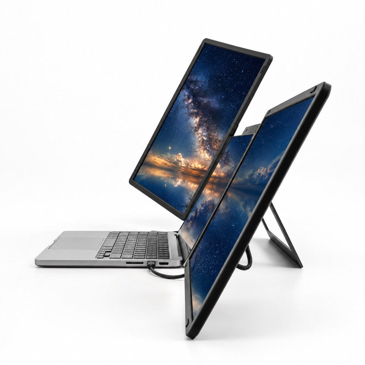 Side view of the INVZI MagHub Dual Lite 16 attached to a laptop, showing angled portrait and landscape displays, connection cables and the rear support stand.