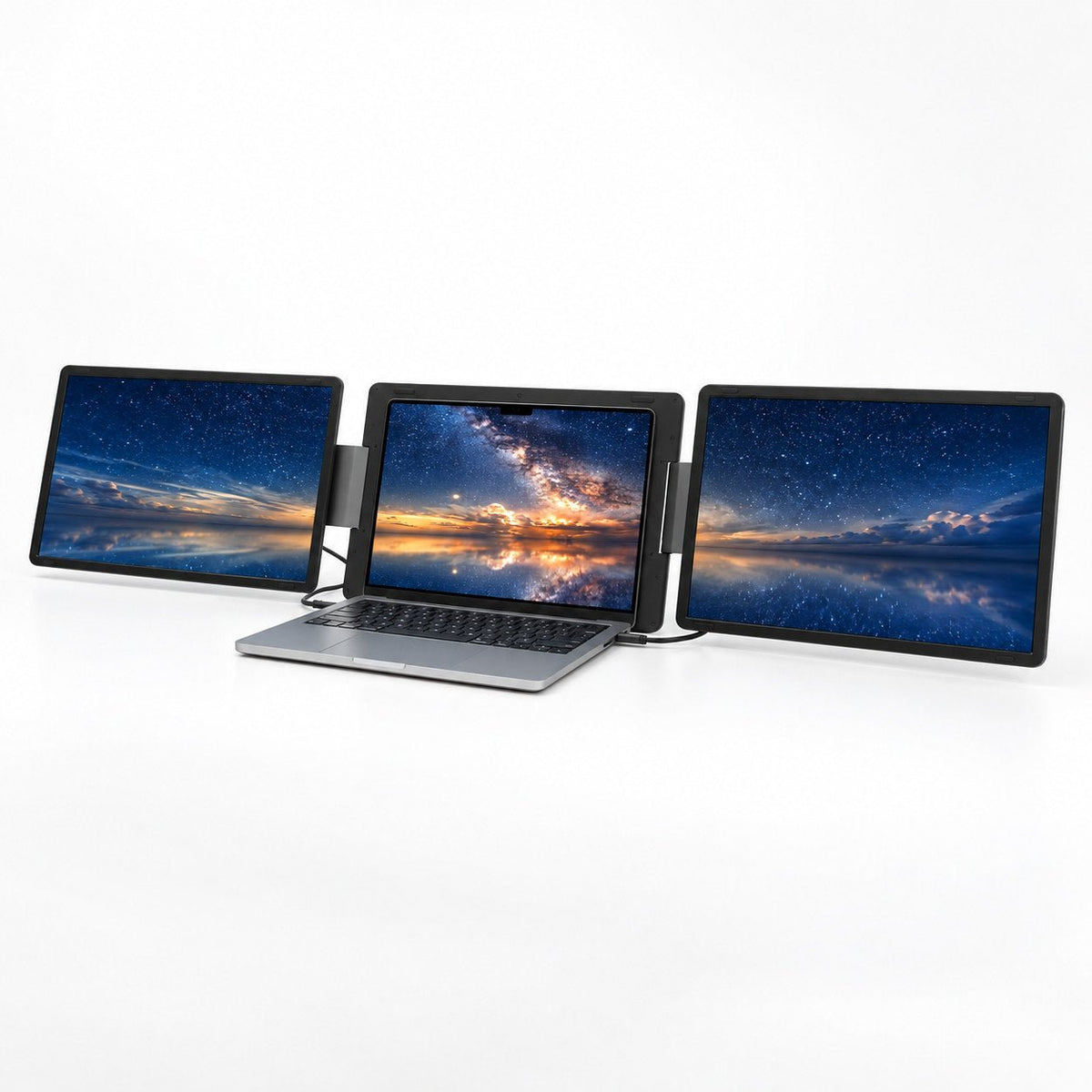 Angled front view of the INVZI MagHub Dual Lite 16 with two landscape screens extended on either side of a laptop, showing a continuous night-sky scene.