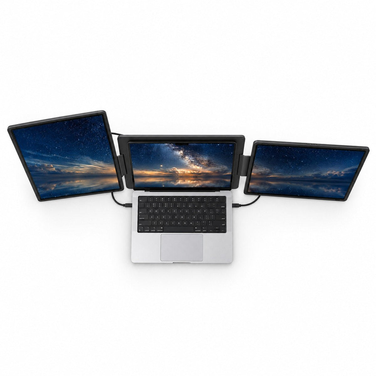 Overhead view of the INVZI MagHub Dual Lite 16 with a portrait display on the left and a landscape display on the right of a laptop, showing the screen layout and cables.