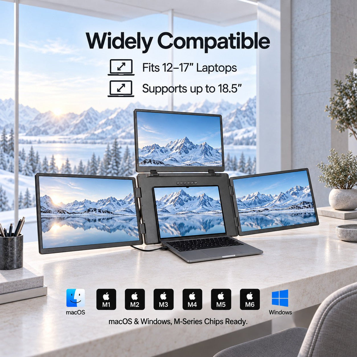 MagHub Quad Max laptop compatibility graphic with a four-screen setup on a desk, laptop size labels, and macOS and Windows icons.