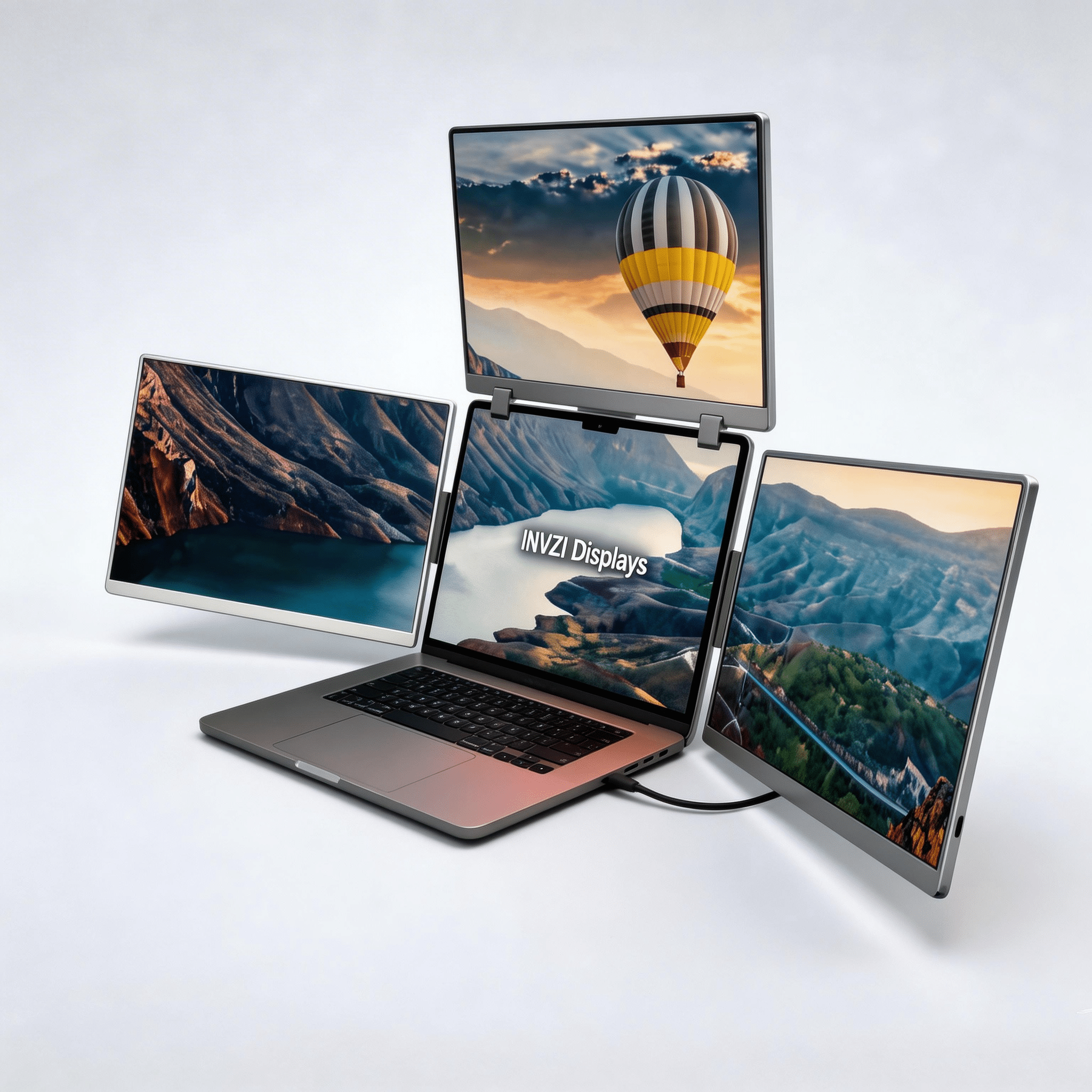 MagHub Quad Pro 16 portable triple monitor for laptop with side and top screens in angled view