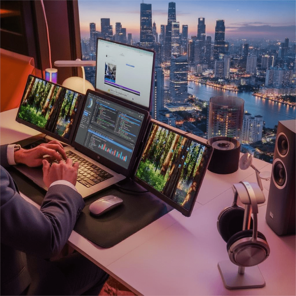 MagHub Quad Pro 16 portable triple monitor for laptop used as coding workstation by city window