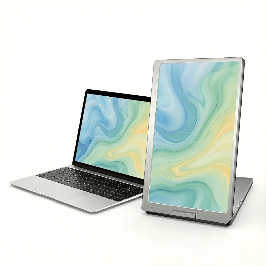 MagHub Trio Go 16" portable triple screen extender shown in vertical mode beside a laptop for flexible dual-screen productivity