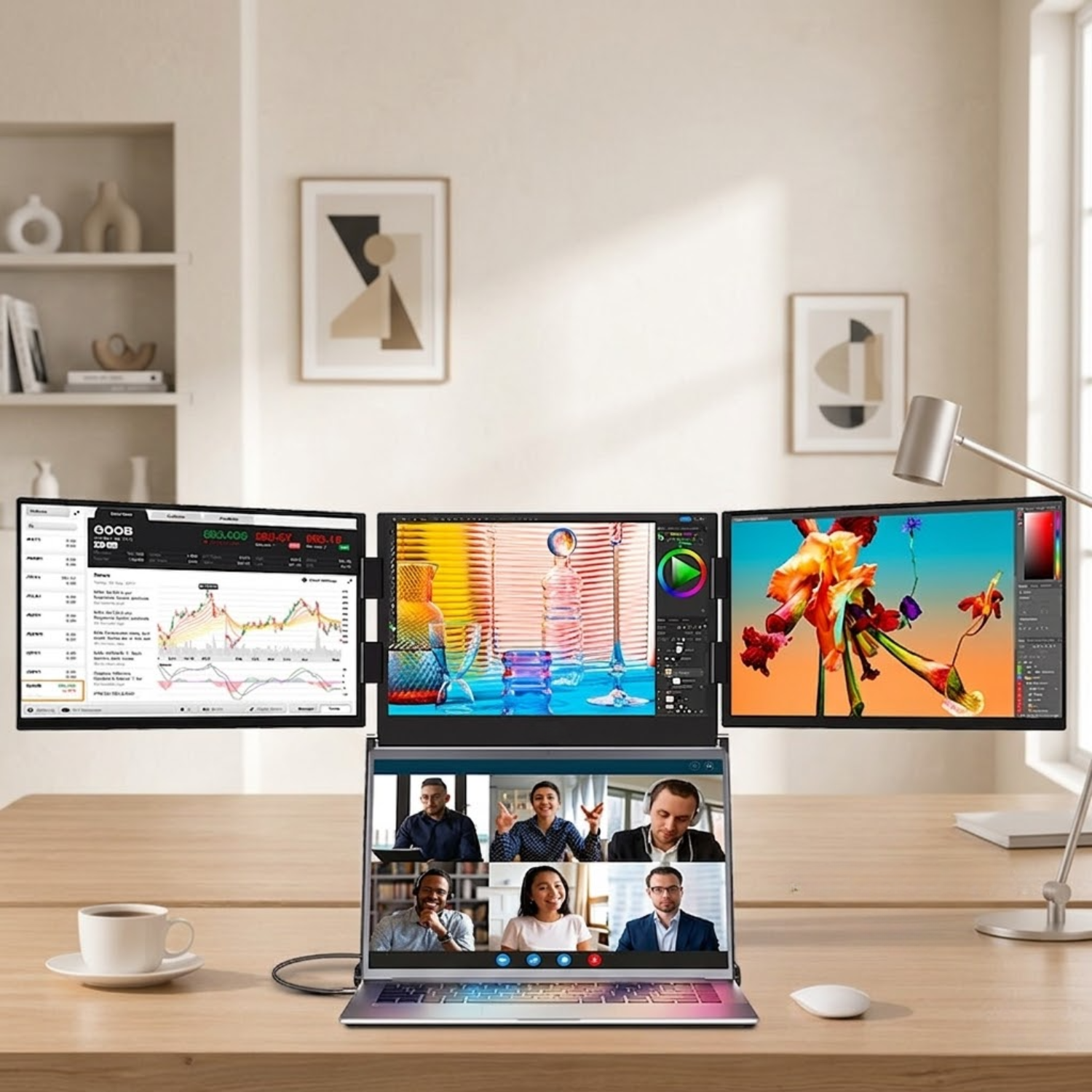 INVZI foldable laptop screens used on a modern desk for remote work and multitasking