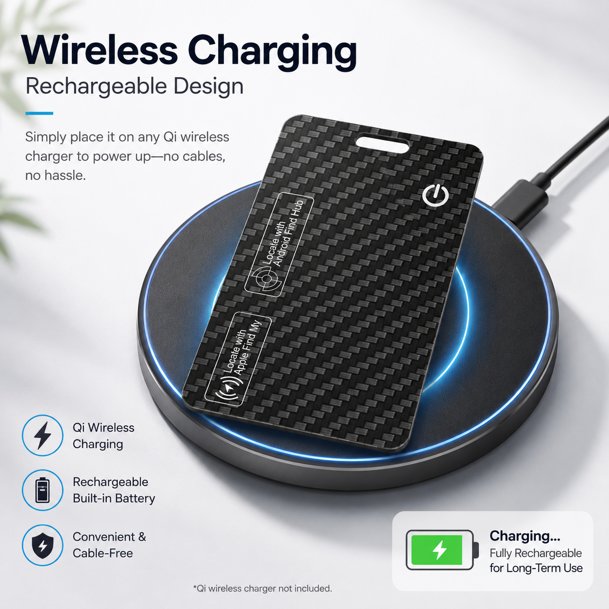 Wallet Tracker Card for iOS & Android Rechargeable Smart Wallet Finder with Apple Find My and Google Find Hub Wireless Charging, IP68 Waterproof Locator for Wallet, Keys, Bags, Passport