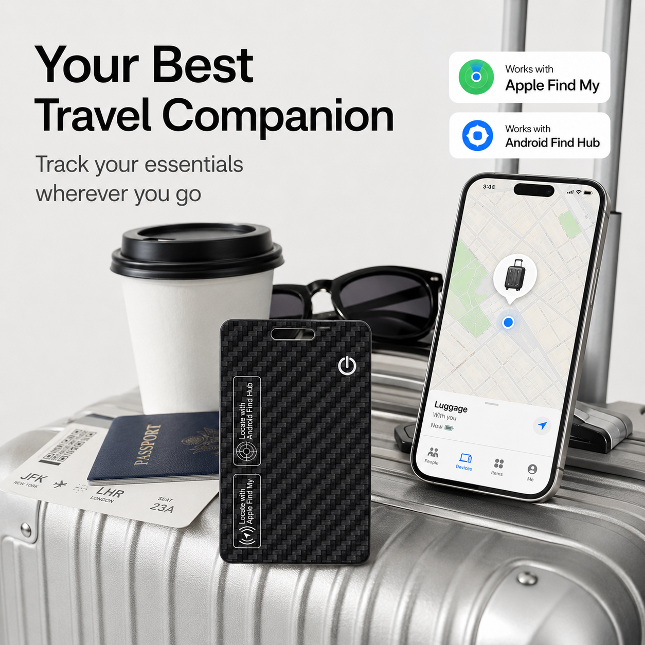 Wallet Tracker Card for iOS & Android Rechargeable Smart Wallet Finder with Apple Find My and Google Find Hub Wireless Charging, IP68 Waterproof Locator for Wallet, Keys, Bags, Passport