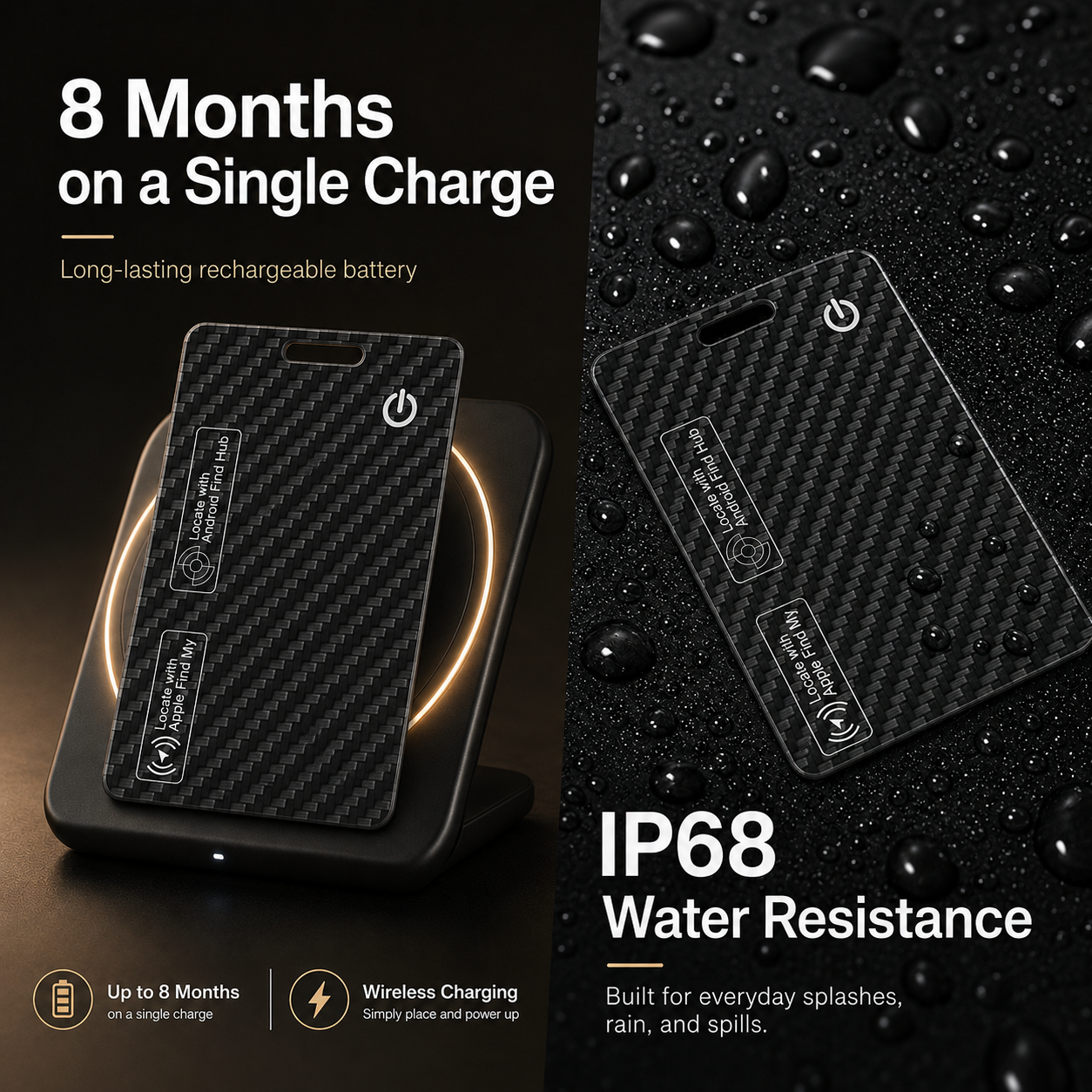 Wallet Tracker Card for iOS & Android Rechargeable Smart Wallet Finder with Apple Find My and Google Find Hub Wireless Charging, IP68 Waterproof Locator for Wallet, Keys, Bags, Passport