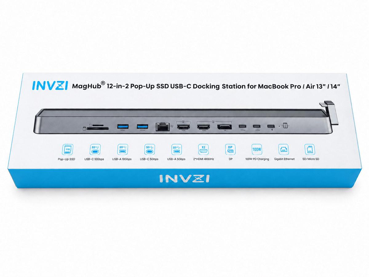 INVZI MagHub 1: 12-in-2 Docking Station USB-C Hub for MacBook Pro with Pop-Up SSD Enclosure - INVZI