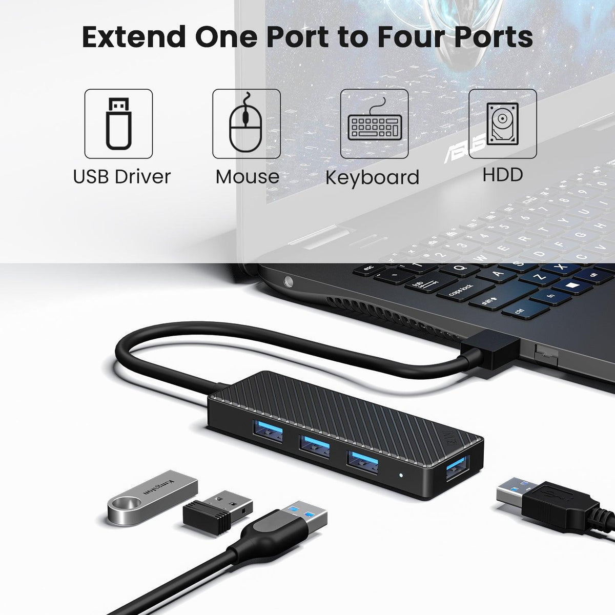 INVZI MagHub 4 - Port USB 3.0 Hub Ultra - Slim Data USB - A Hub with 2ft Cable - INVZI