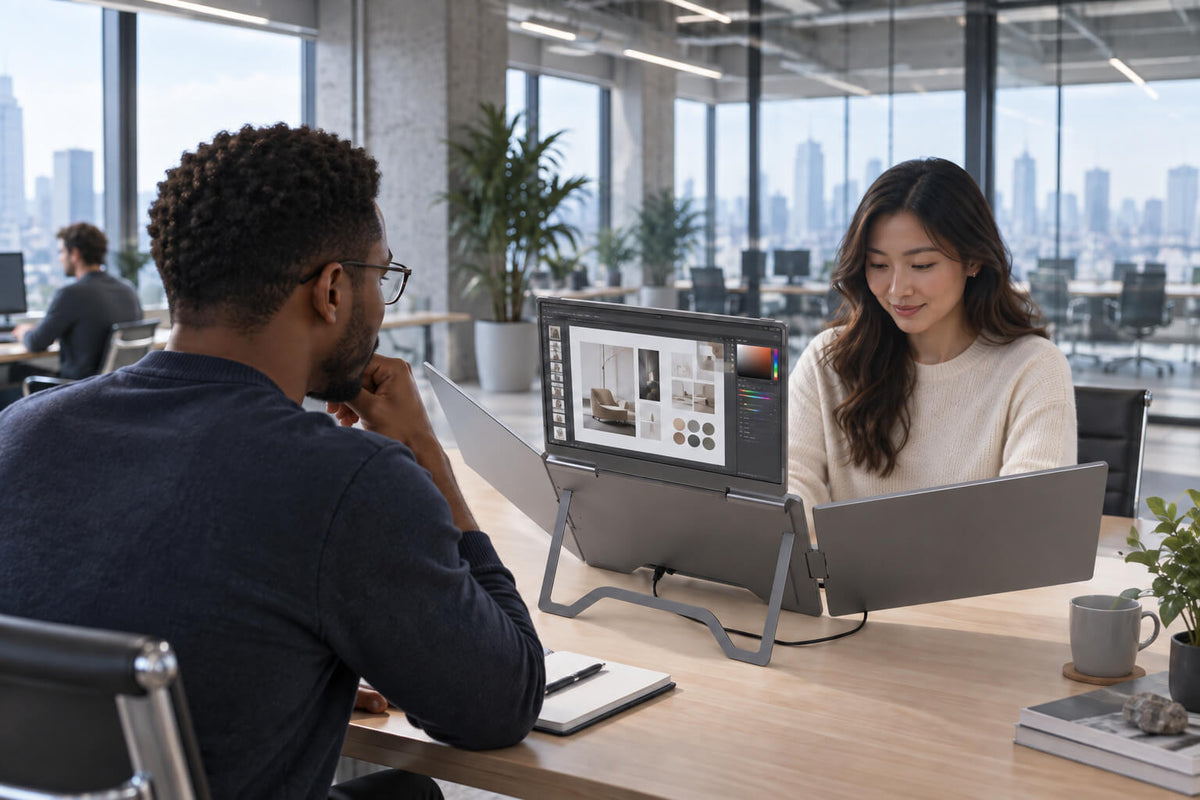 Two colleagues using MagHub Quad 16 to share on-screen material across an office table.