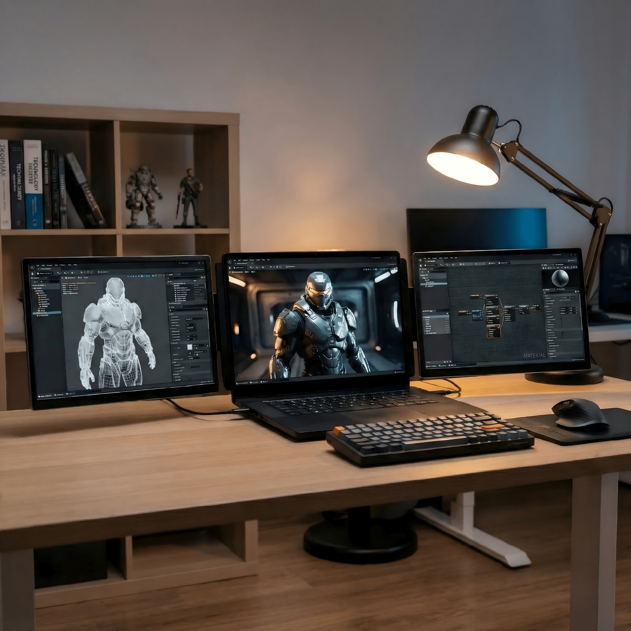MagHub Dual Lite 16-inch portable dual screen for remote work connected to a laptop, showing a triple-screen creative workstation for design, 3D modeling, and multitasking.
