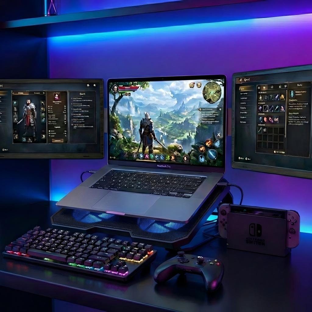 MagHub Dual Lite 16-inch portable dual screen for remote work connected to a laptop in a gaming setup, extending gameplay, inventory, and multitasking views across three displays.