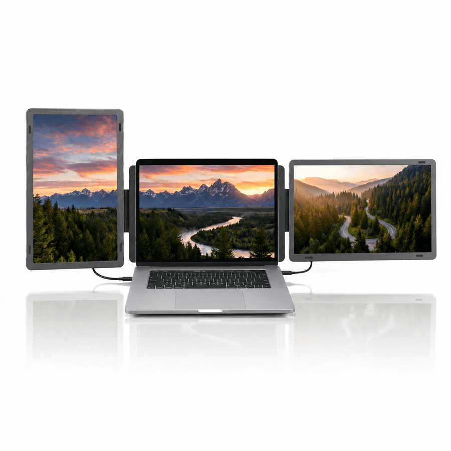 MagHub Dual Lite 16-inch portable dual screen for remote work attached to a laptop, with side extender displays for a triple-screen workspace.