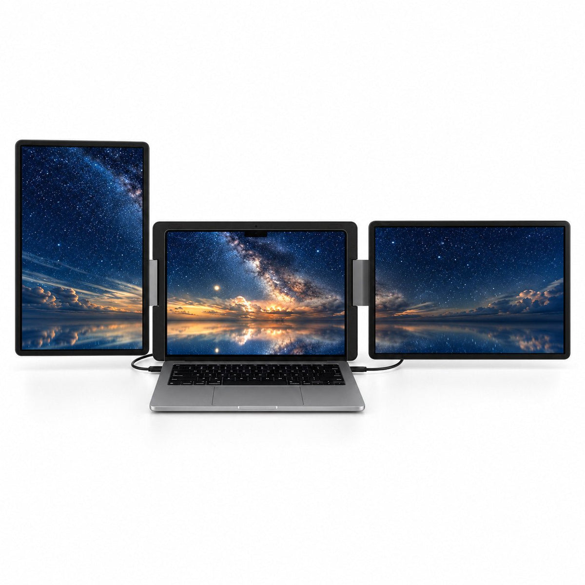 INVZI MagHub Dual Lite 16 screen extender with a portrait display on the left and a landscape display on the right of a laptop, showing a night sky.