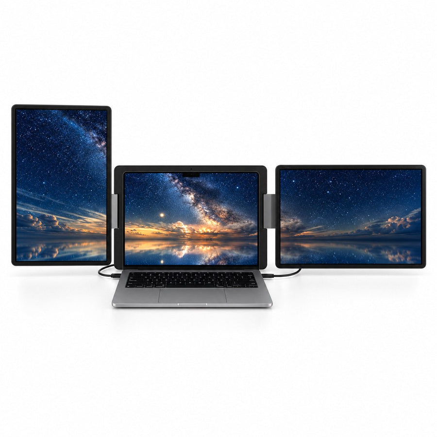 INVZI MagHub Dual Lite 16 screen extender with a portrait display on the left and a landscape display on the right of a laptop, showing a night sky.