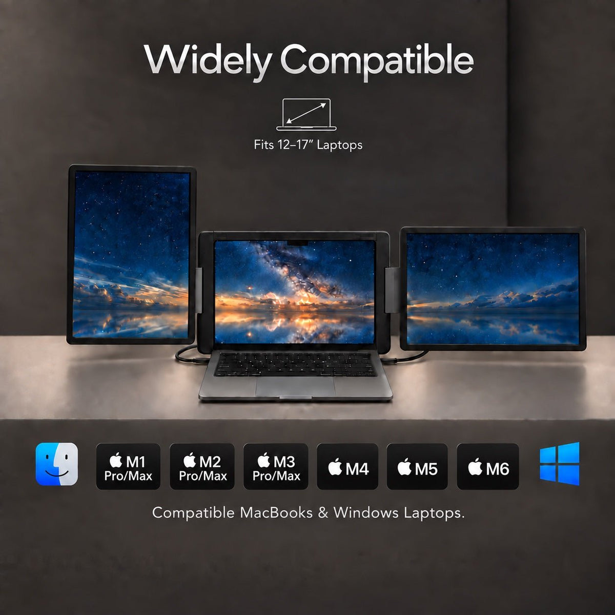 MagHub Dual Lite 16 compatibility graphic showing a triple-screen laptop setup, a 12–17-inch laptop fit label, MacBook chip labels and a Windows logo.