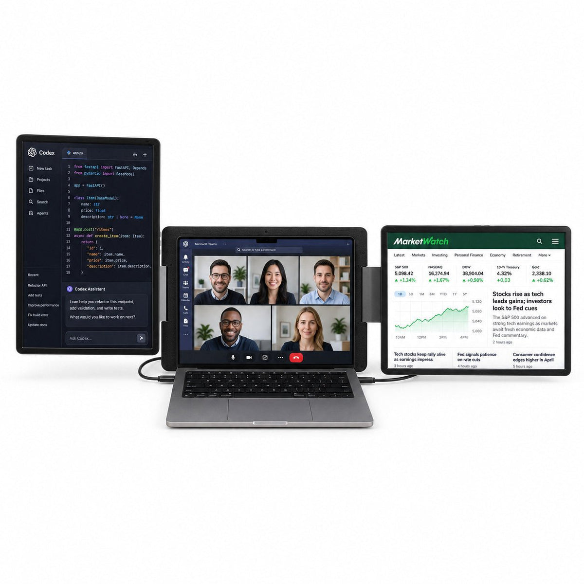INVZI MagHub Dual Lite 16 beside a laptop, with code on the portrait screen, a video call on the laptop and market news on the landscape screen.
