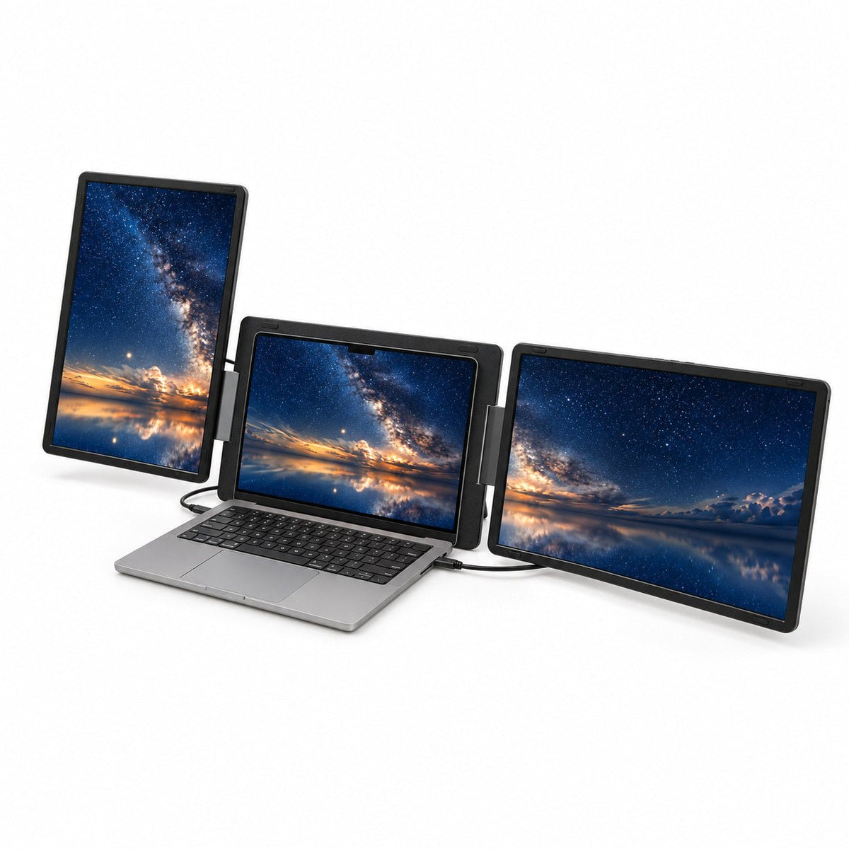 Angled view of the INVZI MagHub Dual Lite 16 with one portrait and one landscape display attached beside a laptop, showing stars over a lake.