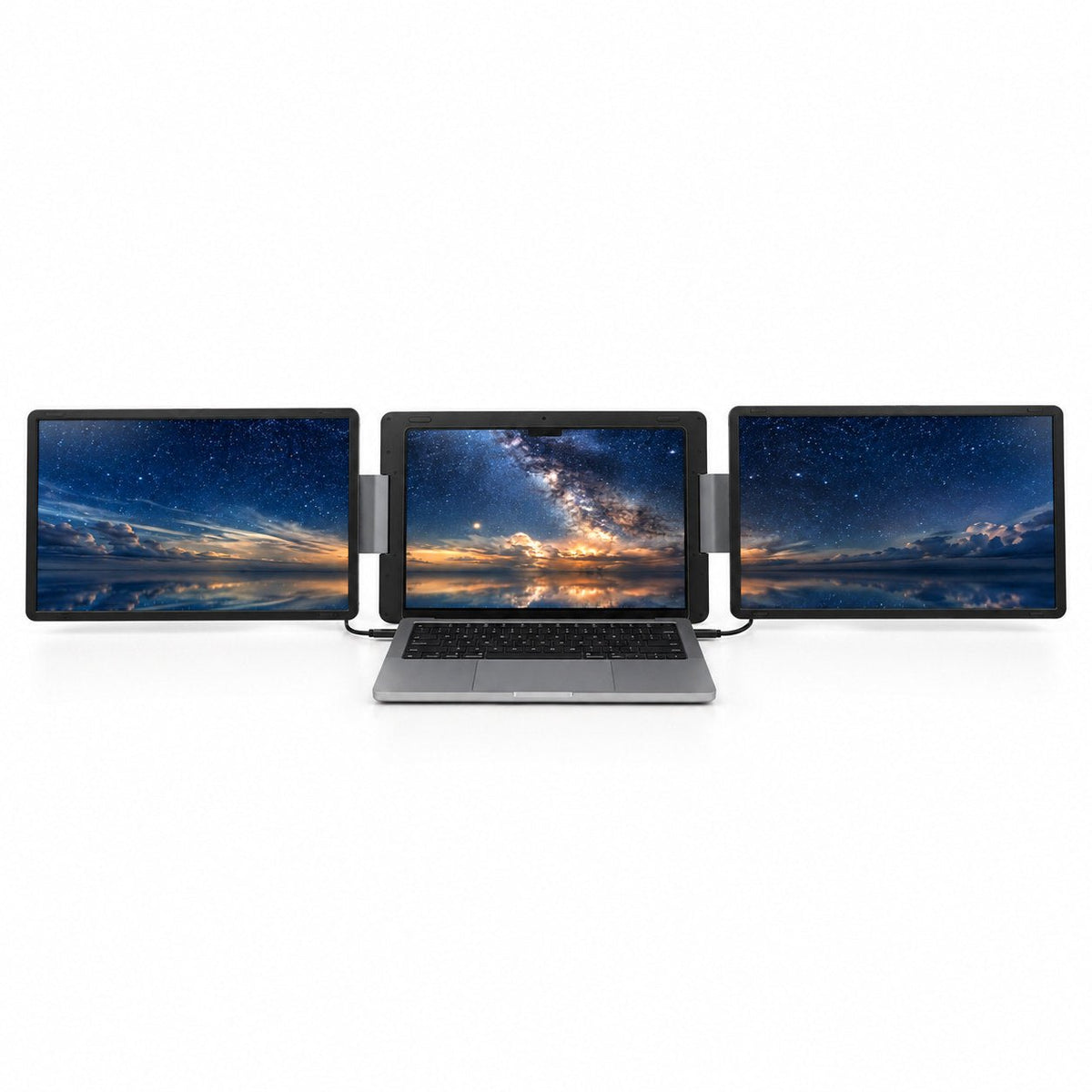 Front view of the INVZI MagHub Dual Lite 16 with both side displays in landscape orientation beside a laptop, showing lake and night-sky scenery.