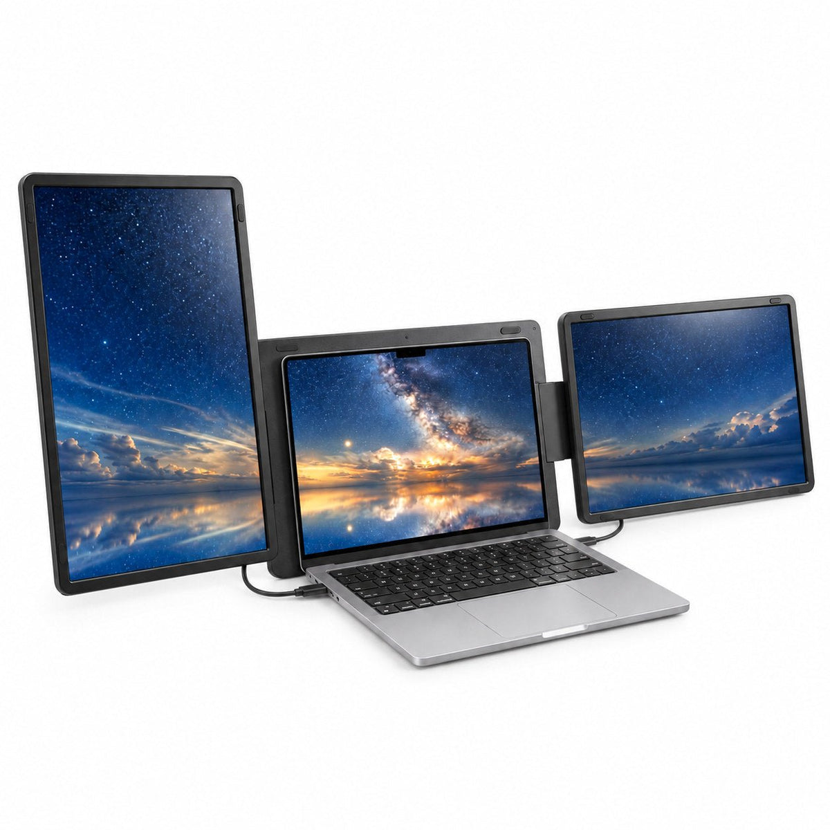Front-left angled view of the INVZI MagHub Dual Lite 16, with a tall left display, a landscape right display and a laptop showing lake and sky scenery.