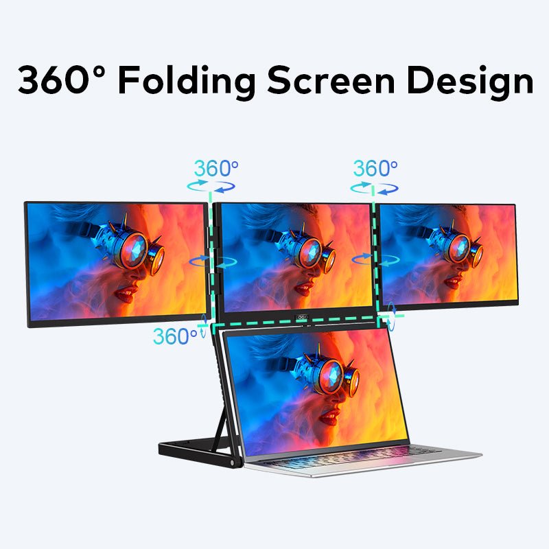 INVZI foldable laptop screens showing 360-degree folding design and flexible viewing modes