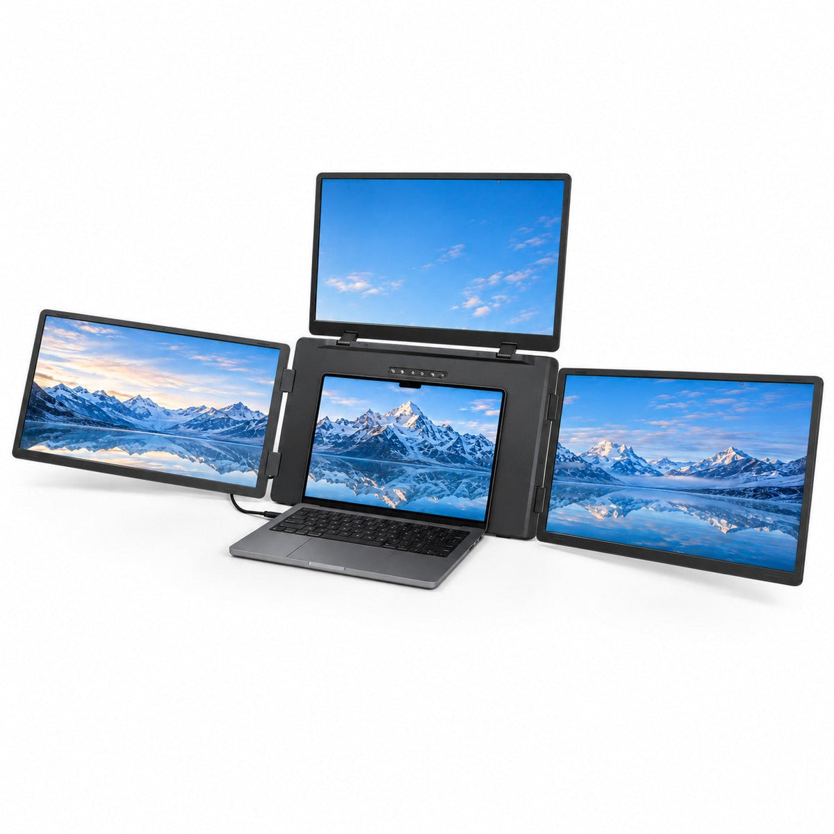 Angled front view of the INVZI MagHub Quad Max 18.5-inch screen extender, with a laptop between two side displays and one upper display.