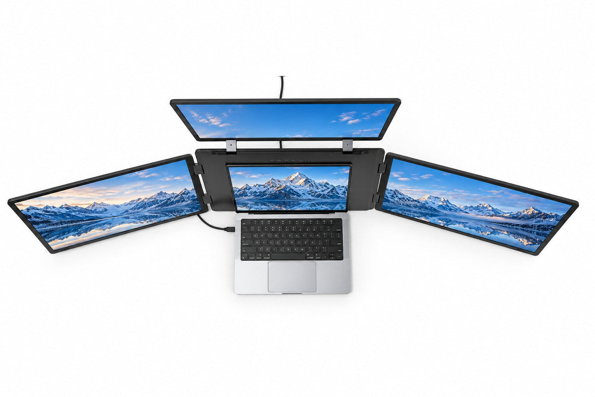 Overhead view of the INVZI MagHub Quad Max screen extender connected to a laptop, showing the three unfolded displays and connecting cables.