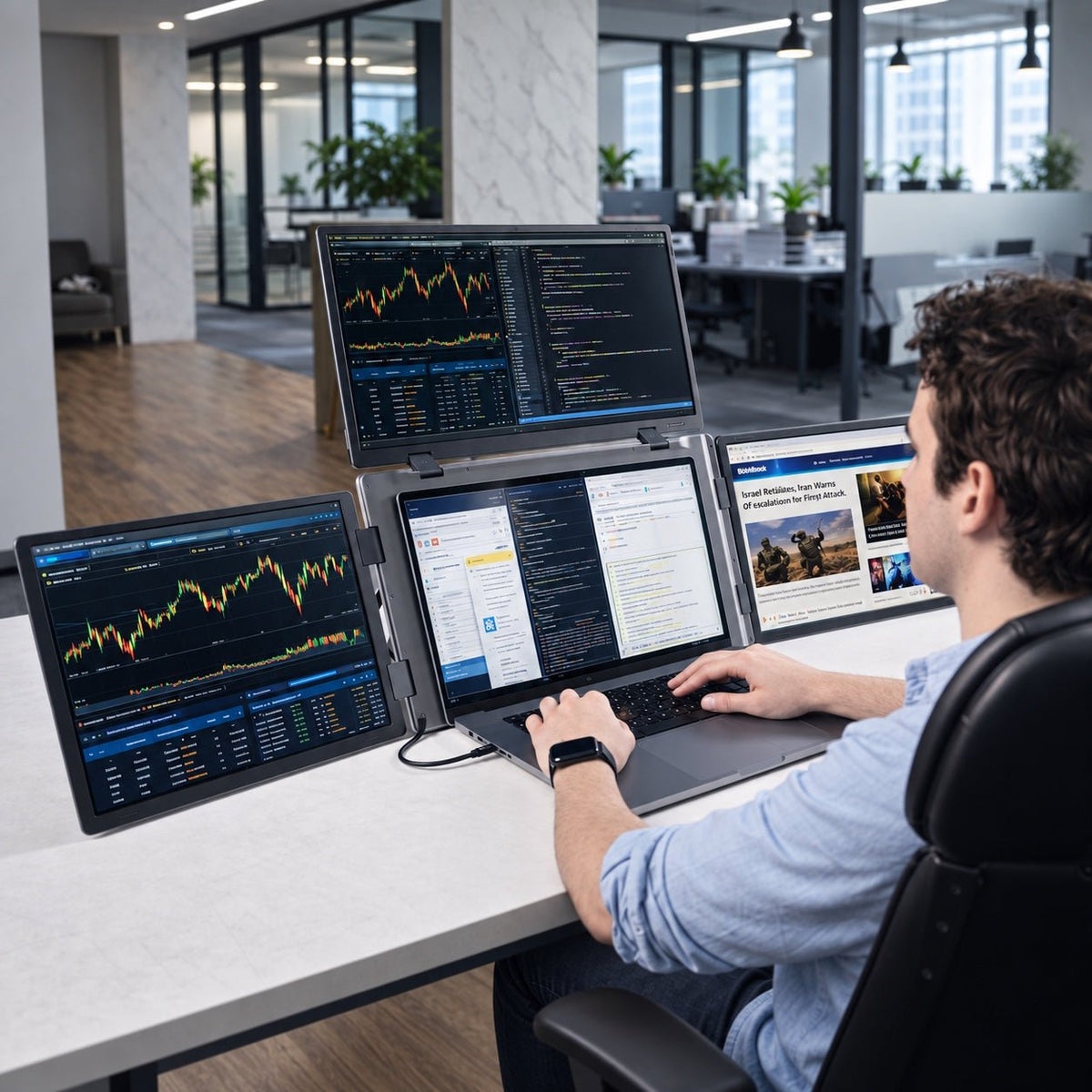 Person using an INVZI MagHub Quad Max screen extender at an office desk, with trading charts, code and web pages across four screens.