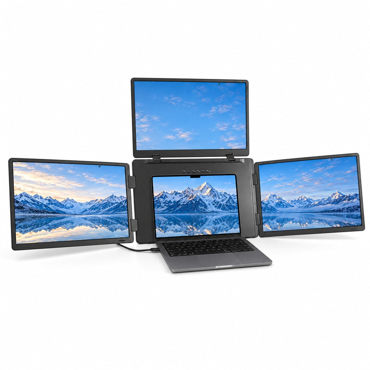 INVZI MagHub Quad Max 18.5-inch screen extender shown from a slight front angle, with mountain and sky images across the laptop and three displays.