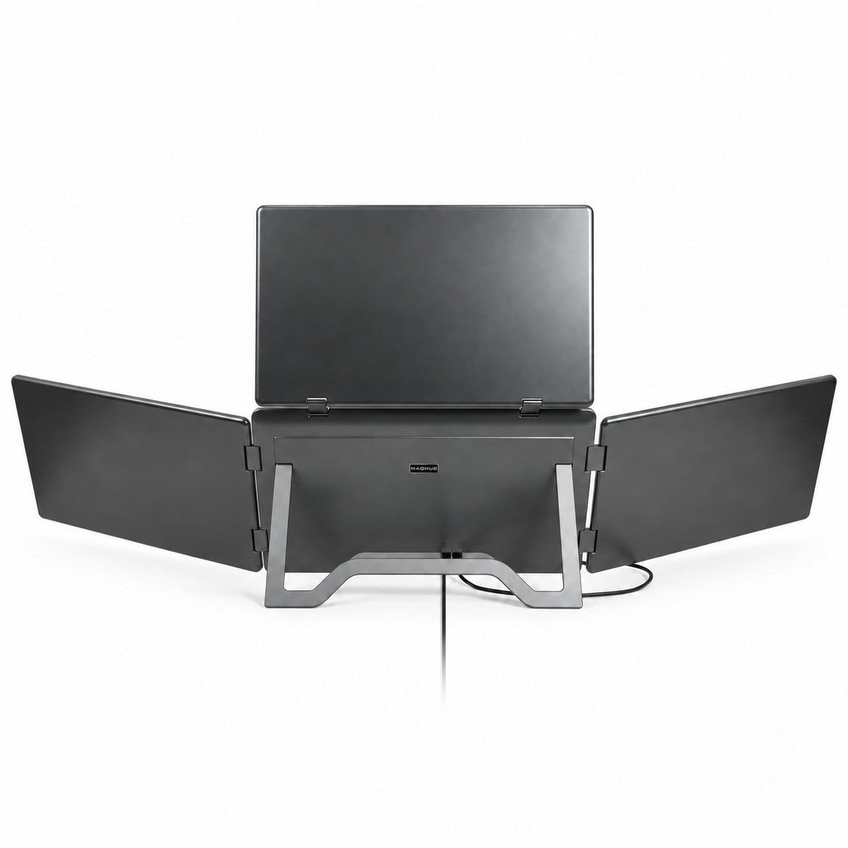 Rear view of the unfolded INVZI MagHub Quad Max screen extender on a white background, showing three display backs, the support stand and cables.