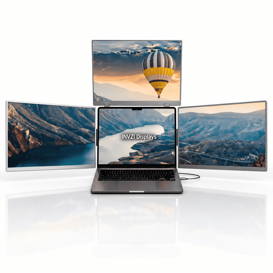 MagHub Quad Pro 16 portable triple monitor for laptop showing side and top screen extender setup