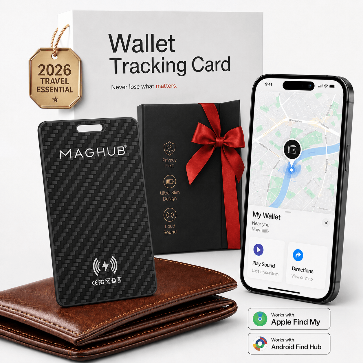 Maghub Tracking Card for iOS & Android Rechargeable Smart Finder with Apple Find My and Google Find Hub - INVZI