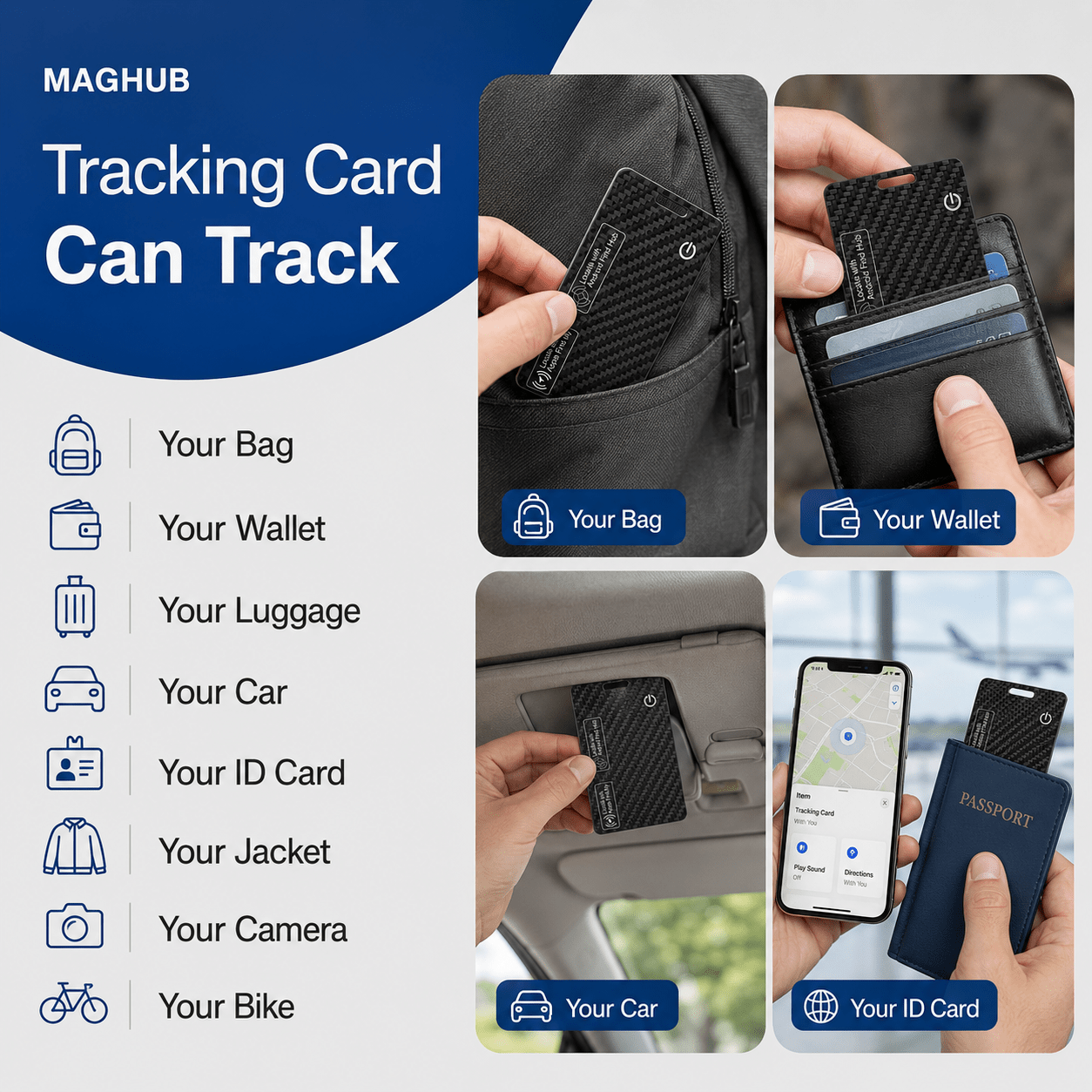 Maghub Tracking Card for iOS & Android Rechargeable Smart Finder with Apple Find My and Google Find Hub - INVZI