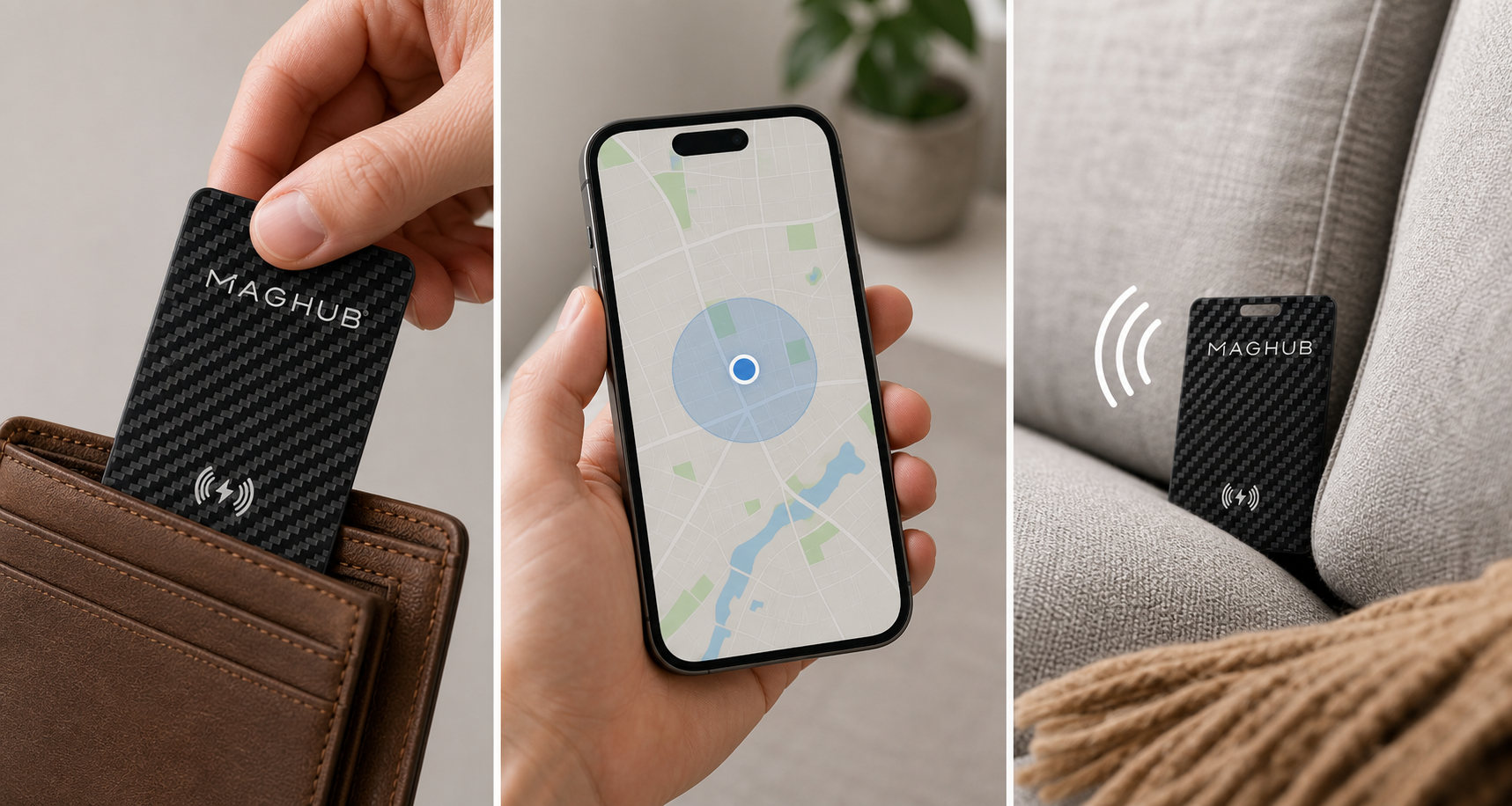 MagHub Tracking Card three-step finding process: wallet, map and nearby alert