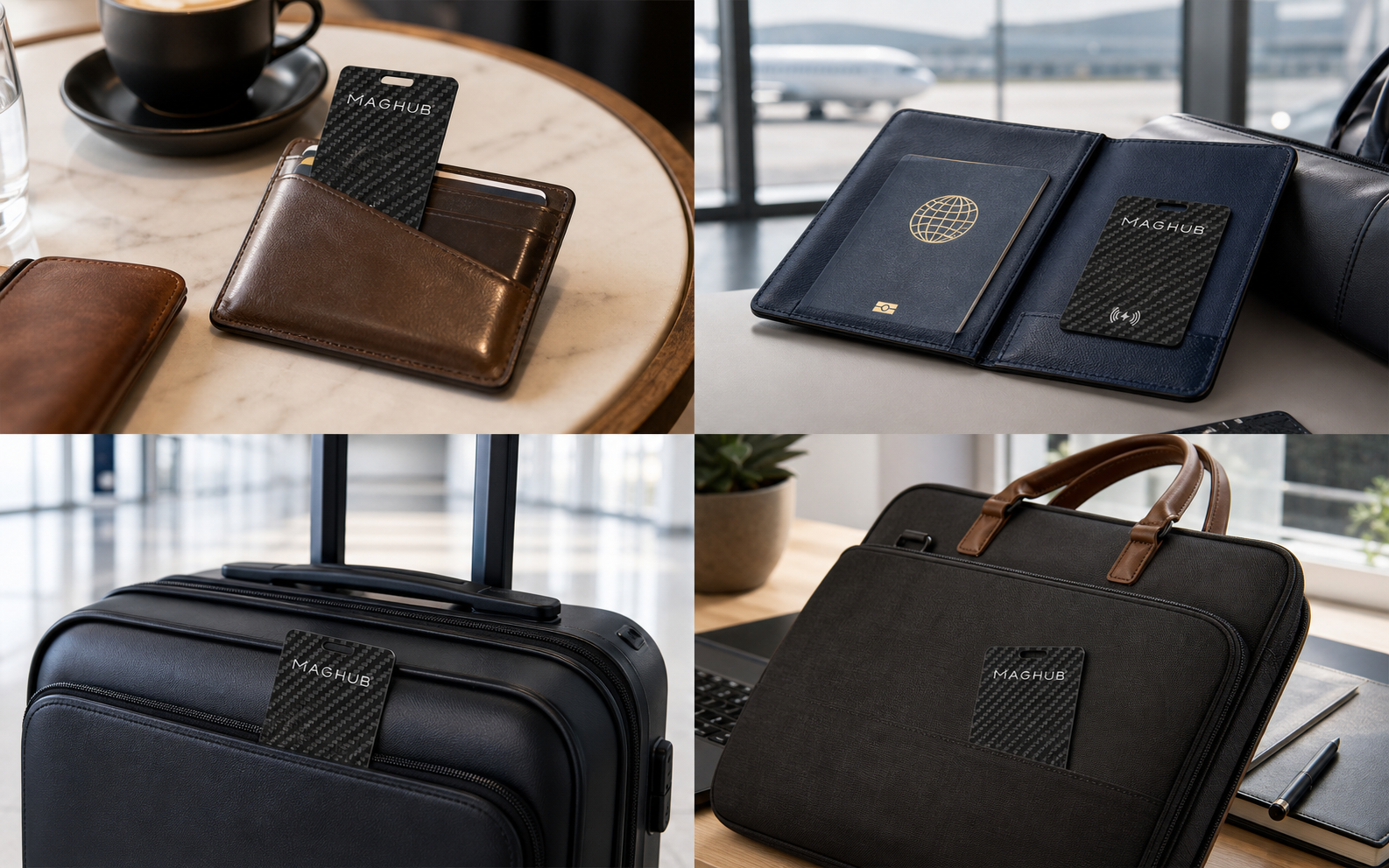 MagHub Tracking Card used with a wallet, passport holder, luggage and work bag