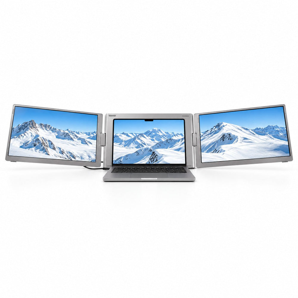 Front view of the MagHub Trio Go 16 laptop screen extender displaying snowy mountains across three screens.