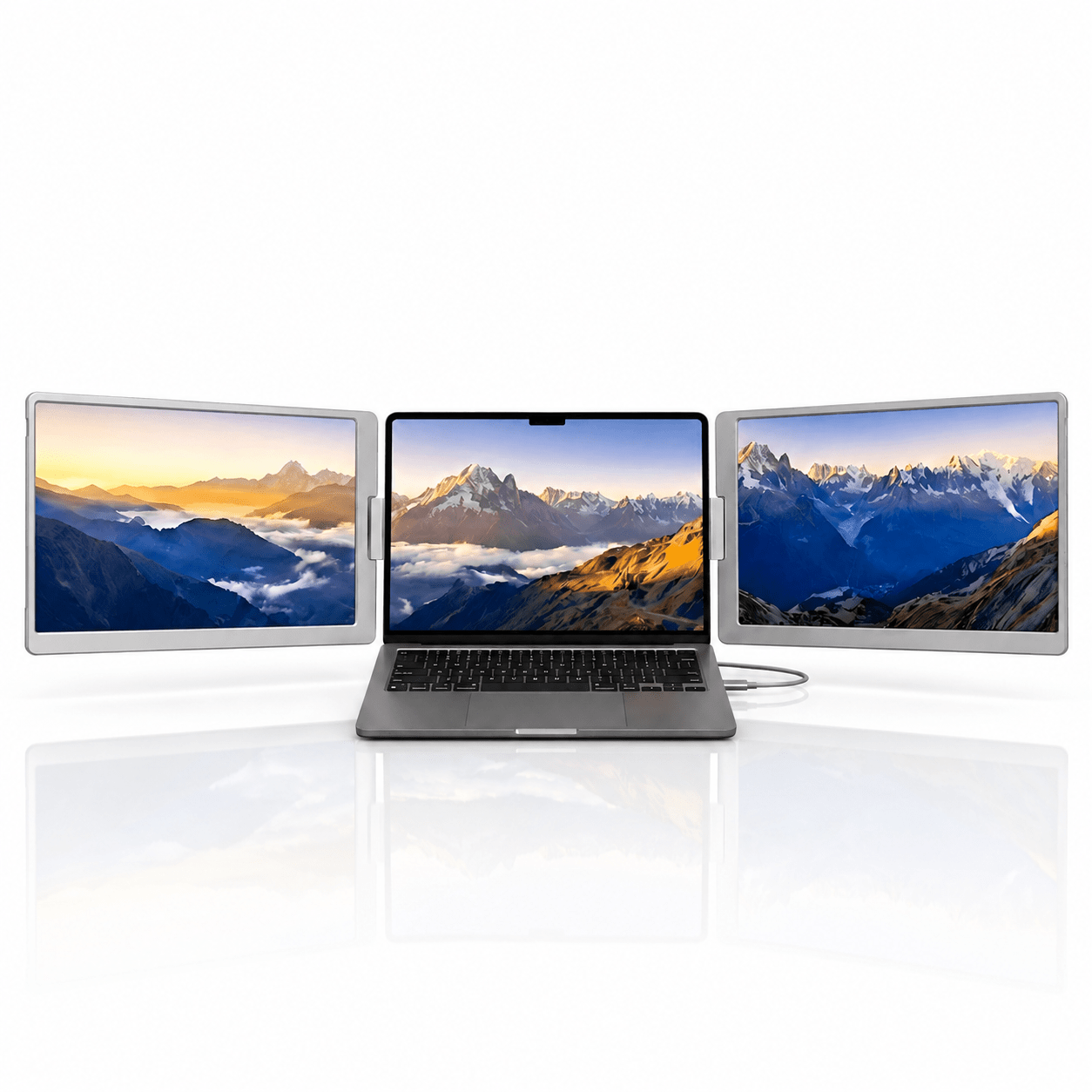 MagHub Trio Go 16" portable triple screen extender with dual side displays connected to a laptop for expanded mobile workspace