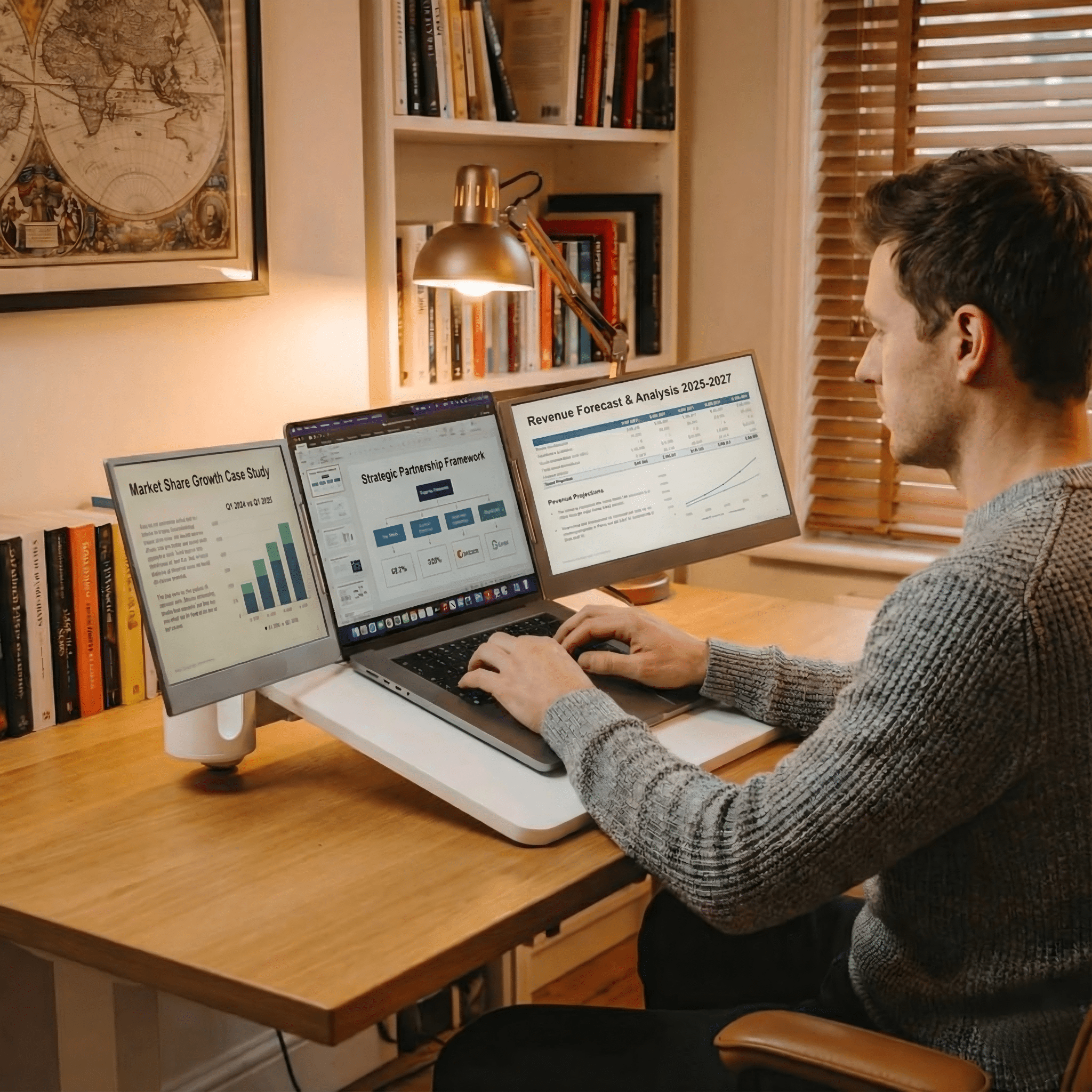 Professional using MagHub Trio Go 16" portable triple screen extender with laptop for reports, presentations, and financial analysis in a home office