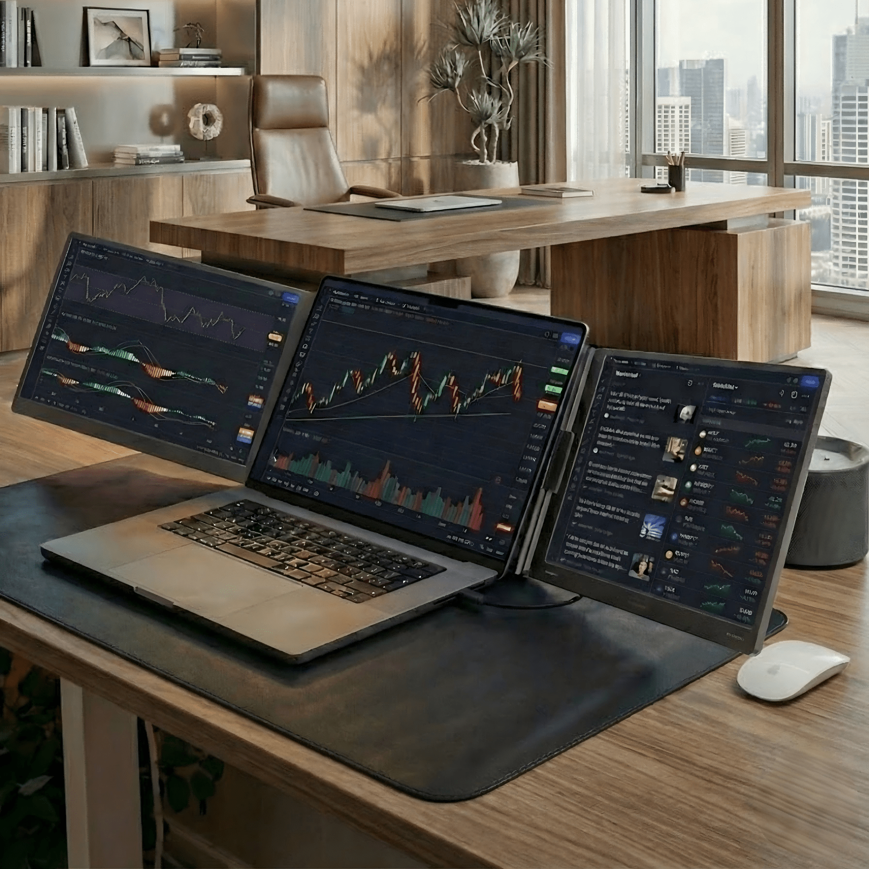 MagHub Trio Go 16" portable triple screen extender displaying stock charts and market dashboards on a laptop for trading and financial analysis