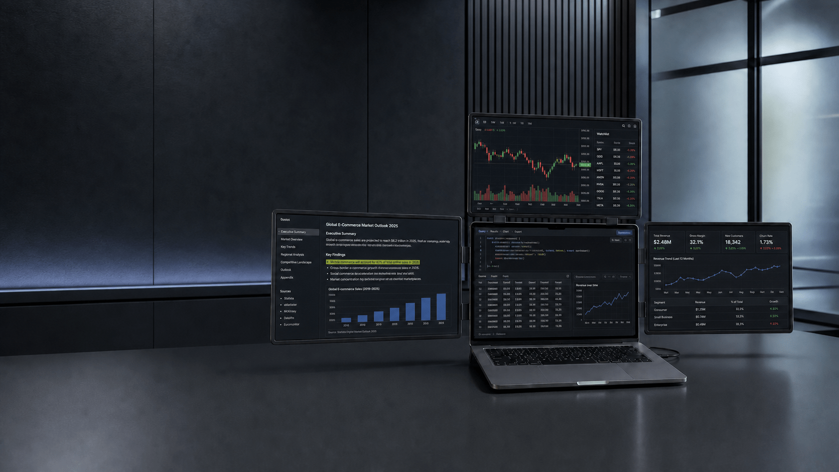 MagHub four-screen workspace showing market charts, research, and business analytics