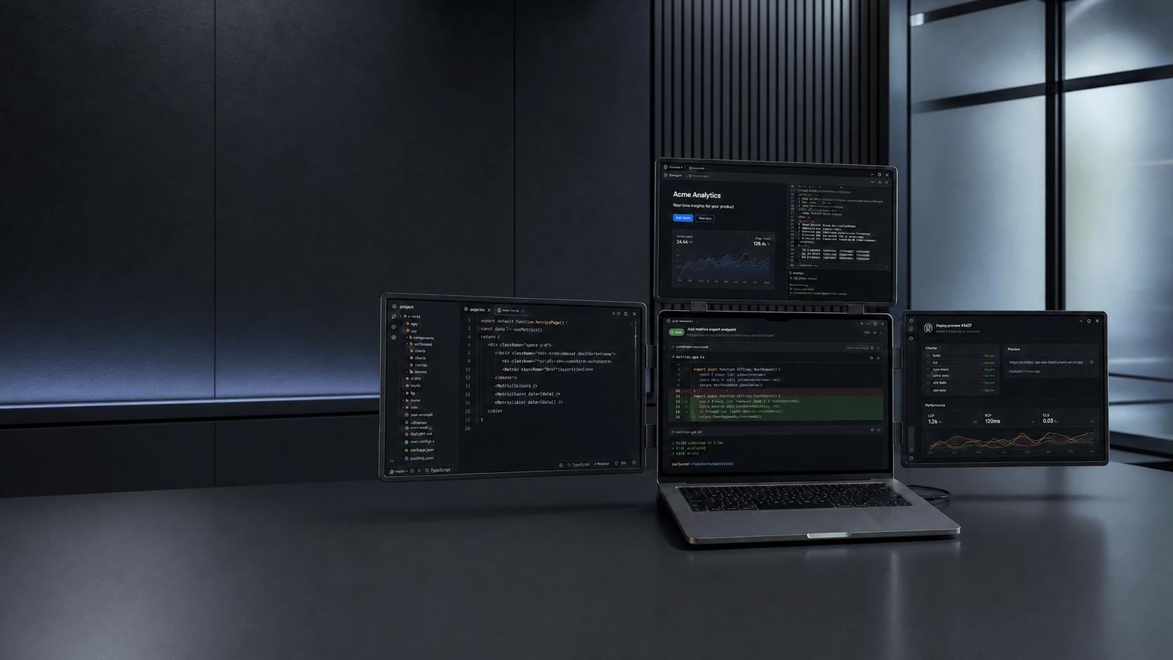 MagHub four-screen workspace showing code, AI development, preview, and deployment tools