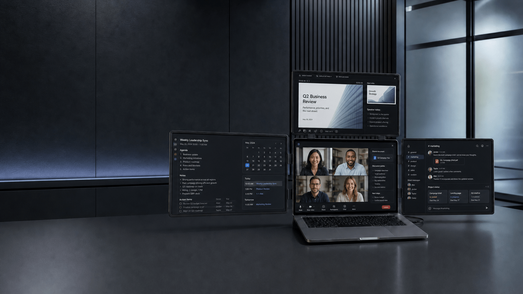 MagHub four-screen workspace showing video meetings, presentations, notes, and team chat