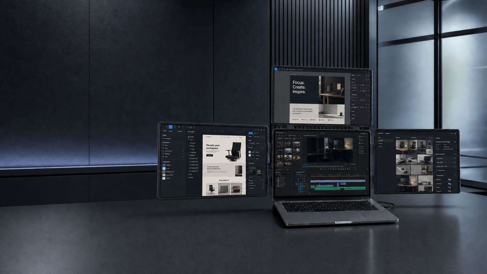 MagHub four-screen workspace showing design, video editing, and creative asset tools