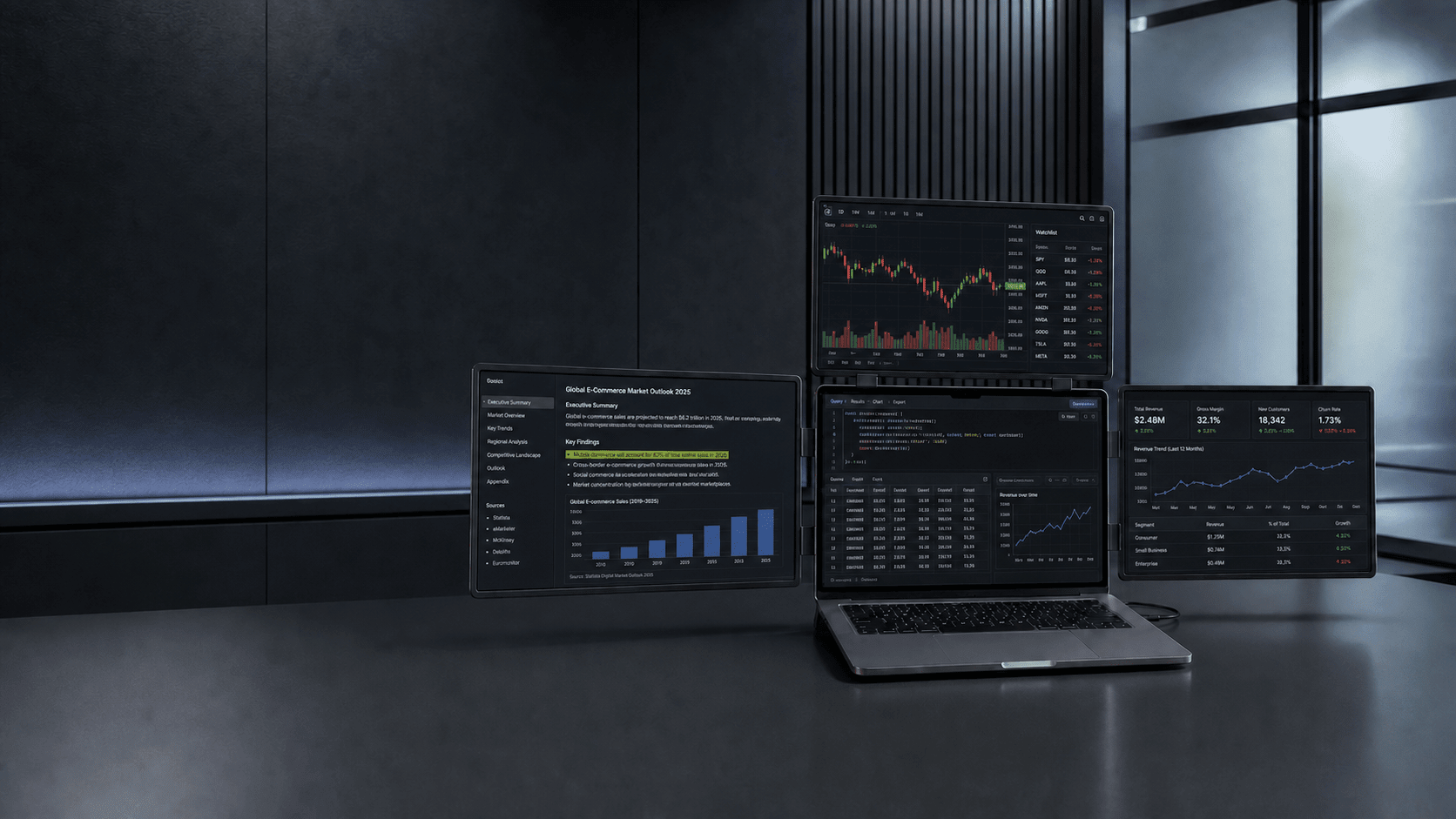 MagHub four-screen workspace showing market charts, research, and business analytics