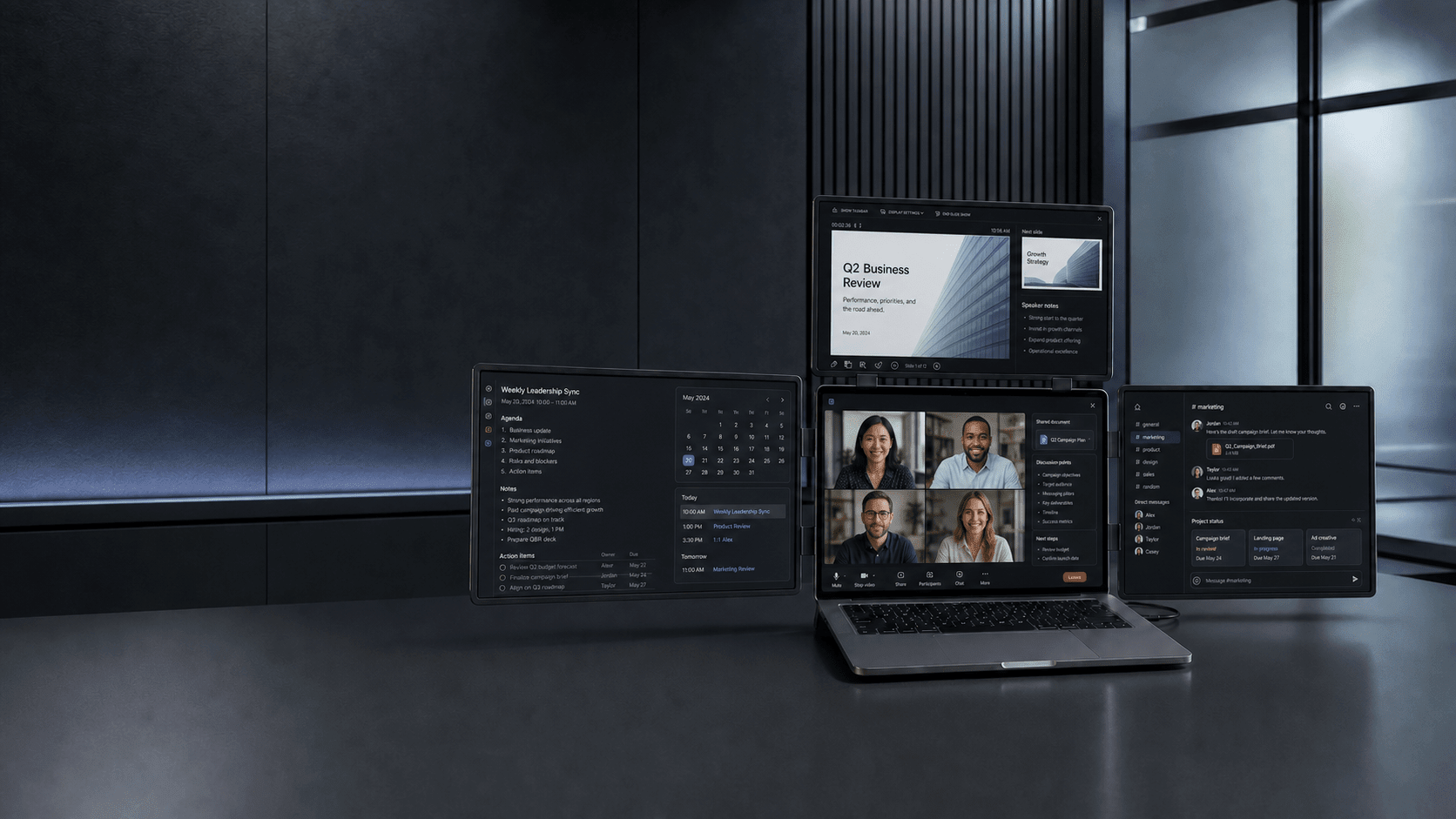 MagHub four-screen workspace showing video meetings, presentations, notes, and team chat